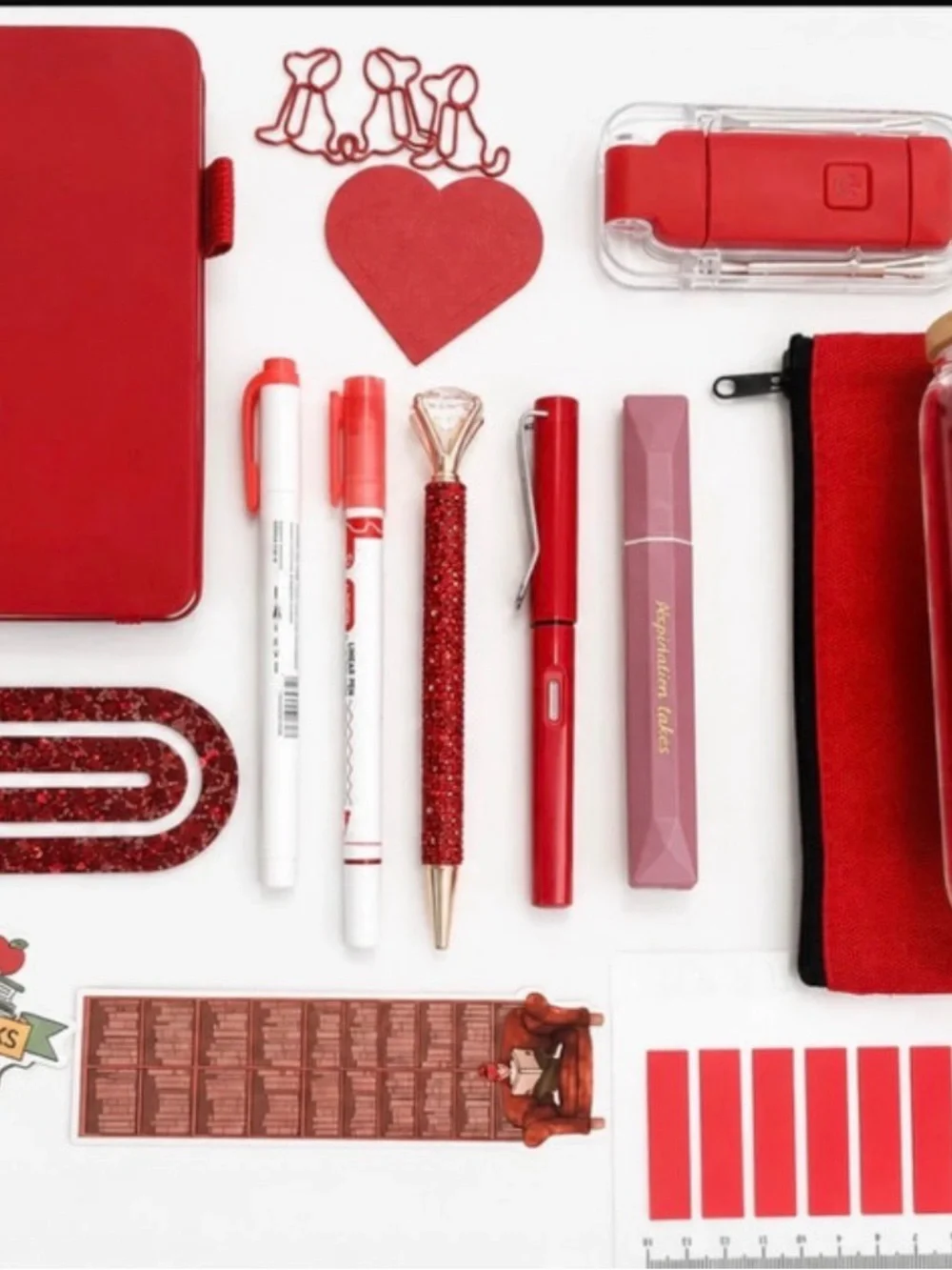 Red Desk Accessory Set — Assorted Red Pens & Tools